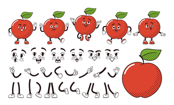 Cartoon Red Apple Fruit Character Construction Kit, Personage Creation Or Generator. Isolated Vector Retro Personage Set