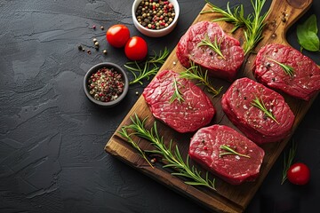 Fresh raw meat beef steaks on dark black background, top view, text copy space, view from above, Red meat - obrazy, fototapety, plakaty