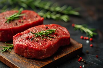 Fresh raw meat beef steaks on dark black background, top view, text copy space, view from above, Red meat - obrazy, fototapety, plakaty