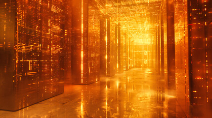 Modern abstract technology room with futuristic neon tunnel design, dark architecture with glowing blue lines