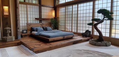 Schilderijen op glas Japanese bedroom, low platform bed, shoji screen doors, and bonsai trees. © sdk
