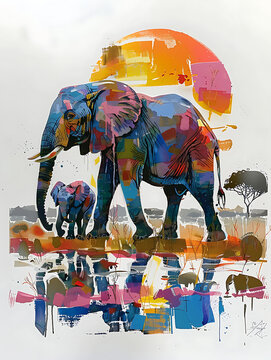 a mother and baby Elphant walking together in south Africa safari landscape at sunset. - Illustration on a white background. 