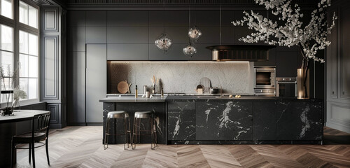 Scandinavian kitchen, matte black fixtures, marble countertops, and herringbone-patterned wooden floors.