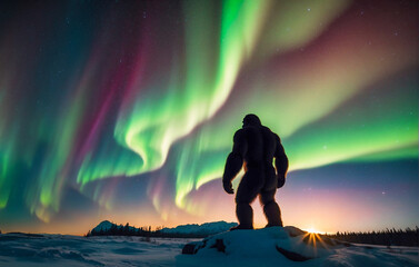 Under a fantastic colorful Northern Lights on a snow-covered and cold plain stands the abominable snowman in all his grandeur. - obrazy, fototapety, plakaty