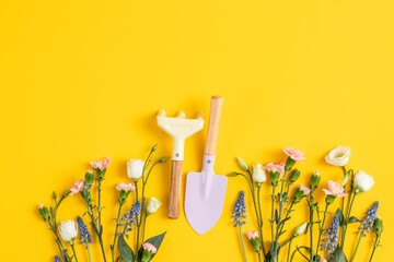 Flat lay of garden tools with fresh spring flowers against a vibrant yellow background, symbolizing...