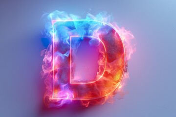 Letter D - colorful glowing outline alphabet symbol on blue lens flare isolated white background
