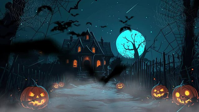 animated halloween night decorative with bat and moon background. seamless looping time-lapse virtual video animation background