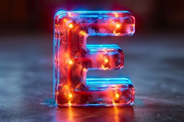 Letter E - colorful glowing outline alphabet symbol on blue len isolated white background
