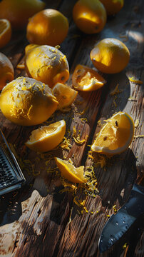 Sunlit Zesting: Capturing the Art of Fresh Lemon Zest Preparation on a Rustic Wooden Table