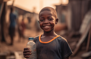 African boy with water bottle in hand. Black boy enjoying the water. Happy black boy from Africa holds a plastic bottle with water in his hand and enjoys life. Happy smile on face of African boy.