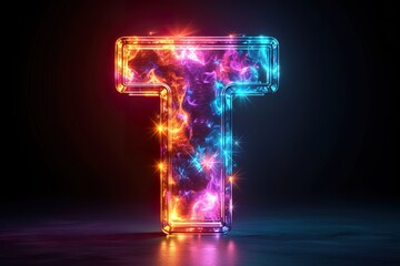 Letter T - colorful glowing outline alphabet symbol on blue lens flare isolated white background background