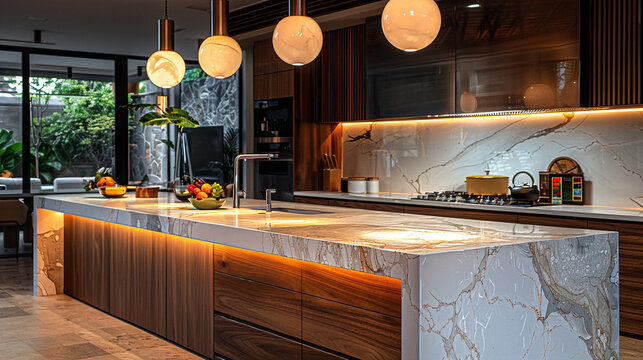 A sleek, marble-topped kitchen island illuminated by pendant lights, providing a focal point for culinary creativity and shared meals.