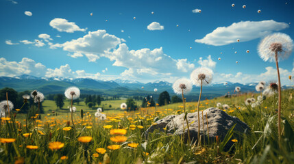 Vibrant Summer Sky: Beautiful Landscape of Green Fields, Sunlit Meadows, and Lush Nature Views under Blue Skies and Golden Sunsets, generative AI