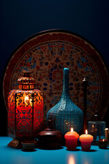 Traditional muslim prayers with a candle and arabic text on wooden desk, in the style of red and azure