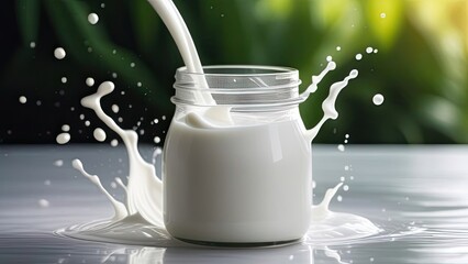 Milk splash out of glass jar on white background. Close up