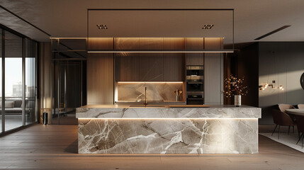 A sleek, marble-topped kitchen island illuminated by pendant lights, providing a focal point for culinary creativity and shared meals.