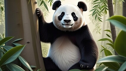 A cartoon panda bear is sitting on a tree branch. The bear has a black and white fur and is looking...