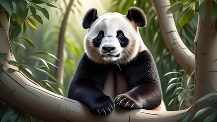A cartoon panda bear is sitting on a tree branch. The bear has a black and white fur and is looking...