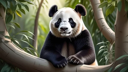 Foto op Canvas A cartoon panda bear is sitting on a tree branch. The bear has a black and white fur and is looking at the camera. © Sarbinaz Mustafina