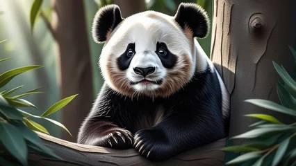 Fototapeten A cartoon panda bear is sitting on a tree branch. The bear has a black and white fur and is looking at the camera. © Sarbinaz Mustafina