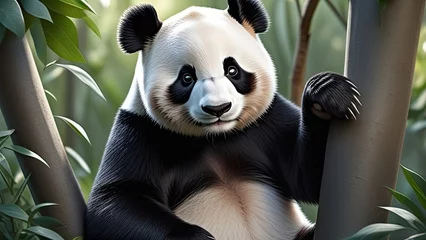 Fotobehang A cartoon panda bear is sitting on a tree branch. The bear has a black and white fur and is looking at the camera. © Sarbinaz Mustafina