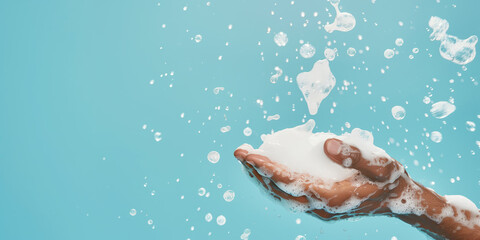 Fototapeta premium A hand with sudsy foam and water droplets against a light blue background, conveying the concept of cleanliness.