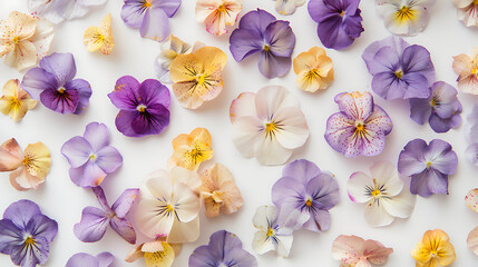 spring flowers background - pressed flowers arrangement, light violet and yellow, Tabletop photography, naturalistic details, white background, contemporary diy. - obrazy, fototapety, plakaty