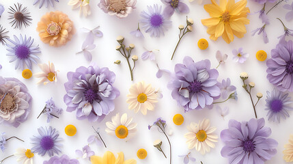 Fototapeta premium spring flowers background - pressed flowers arrangement, light violet and yellow, Tabletop photography, naturalistic details, white background, contemporary diy.