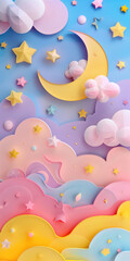 A vibrant composition featuring a golden crescent moon, fluffy clouds, and colorful stars set against a pastel blue and pink sky with rainbows.