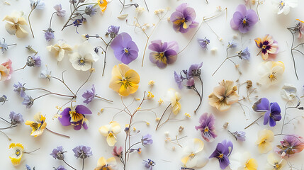 spring flowers background - pressed flowers arrangement, light violet and yellow, Tabletop photography, naturalistic details, white background, contemporary diy. - obrazy, fototapety, plakaty