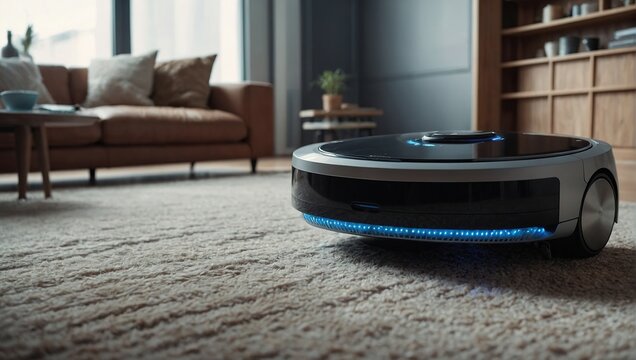 wireless futuristic vacuum hoover cleaning machine robot on schedule in a living room with HUD datum data and controls, concept of internet of things and smart home appliances a wide banner design