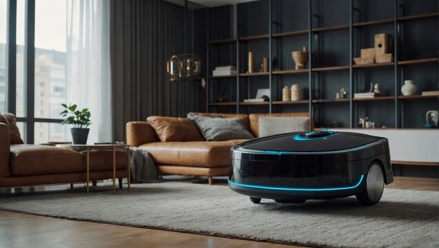 wireless futuristic vacuum hoover cleaning machine robot on schedule in a living room with HUD datum data and controls, concept of internet of things and smart home appliances a wide banner design