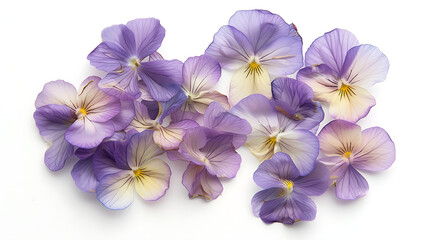 spring flowers background - pressed flowers arrangement, light violet and yellow, Tabletop photography, naturalistic details, white background, contemporary diy.
