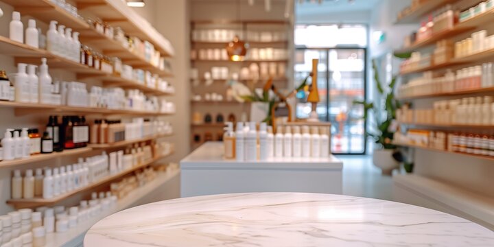 A table in a cosmetics shop with blurred background. Empty white table in a pharmacy. Modern cosmetics market. White marble table in store. Demonstration of cosmetic products for ad. Blog presentation
