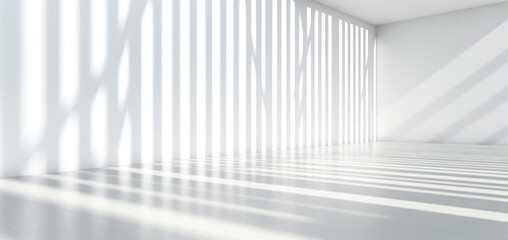 An empty white room with copyspace full lights and shadows , a modern interior space, bathed in natural light that casts intriguing linear shadows across floor and walls, a serene environment