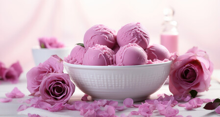 balls of pink ice cream, berry sorbet in a white bowl, a delicate dessert surrounded by rose flowers