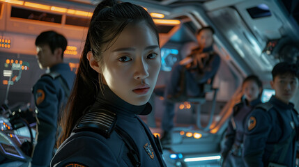 Onboard a futuristic spaceship, a Korean female officer commands a fully manned bridge