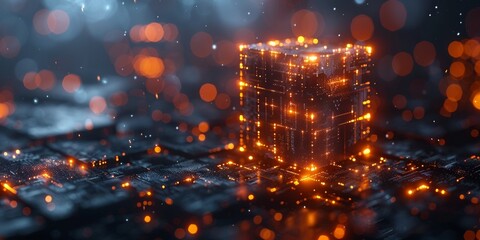 The cube is illuminated with bright orange lights. The image has a futuristic and technological feel. - obrazy, fototapety, plakaty