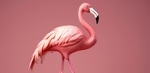 Pink flamingo, animal, bird isolated on a pink background. Copy space for text, advertising.