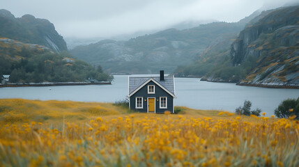 small rural cottage in a grassy clearing near the sea in scandinavia.