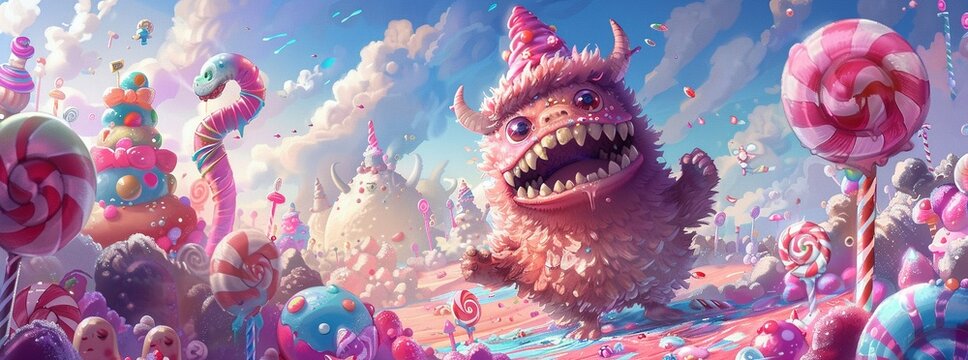 An amzing AIgenerated manhwa illustration of a cute monster in a candythemed world
