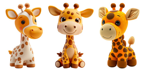Three cute cartoon style baby giraffes toys, smiling and wide eyed, big bright eyes and floppy ears, isolated with a transparent background. © PHILL THORNTON PHOTO