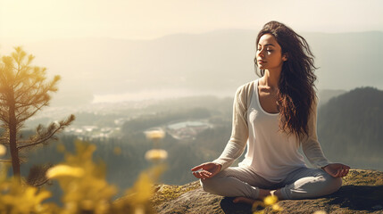 Fototapeta na wymiar Serenity and yoga practicing at mountain range,meditation. A young woman meditates sitting on a Mountain