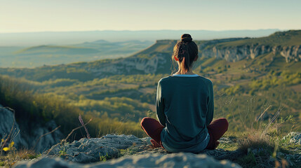 Naklejka na ściany i meble Serenity and yoga practicing at mountain range,meditation. A young woman meditates sitting on a Mountain