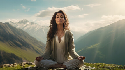 Serenity and yoga practicing at mountain range,meditation. A young woman meditates sitting on a Mountain - obrazy, fototapety, plakaty
