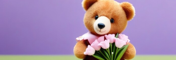 Teddy bear is holding bouquet of flowers isolated on pastel background. Concept of birthday and warmth, affection as teddy bear is symbol of love and comfort. Flowers add touch of beauty, color.