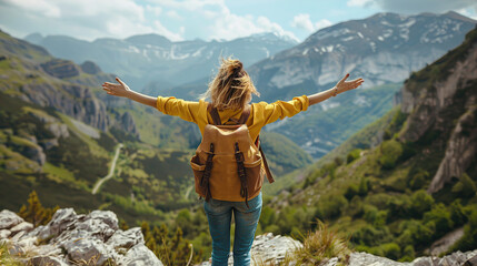 Freedom traveler Woman standing with raised arms and enjoying a Beautiful nature. - obrazy, fototapety, plakaty