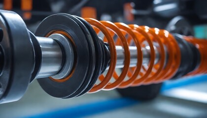 Shock absorber strut with coil spring, suspension system of modern car, The car suspension at the end of its spring, in the style of bold chromaticity, spirals and curves - obrazy, fototapety, plakaty