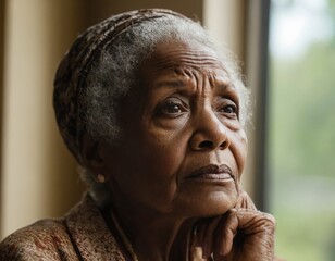 An african american senior woman is looking out the window. She is sad or contemplative