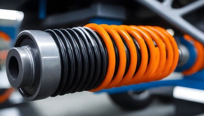 Shock absorber strut with coil spring, suspension system of modern car, The car suspension at the end of its spring, in the style of bold chromaticity, spirals and curves